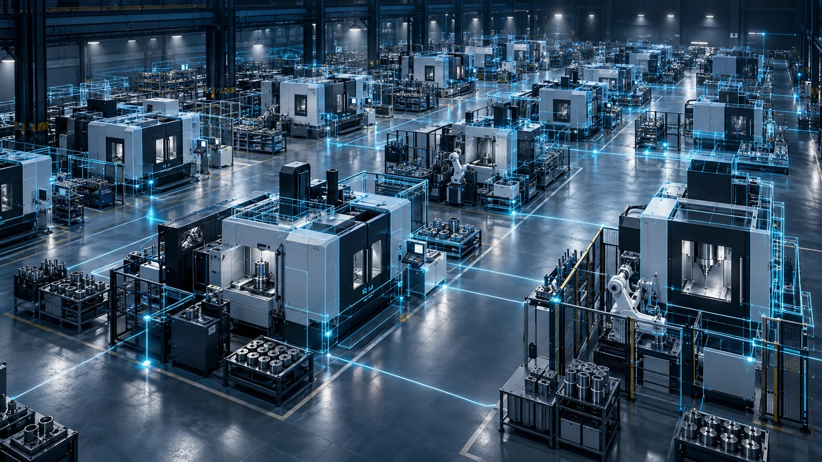 Conceptual industrial facility rendered as a connected digital twin